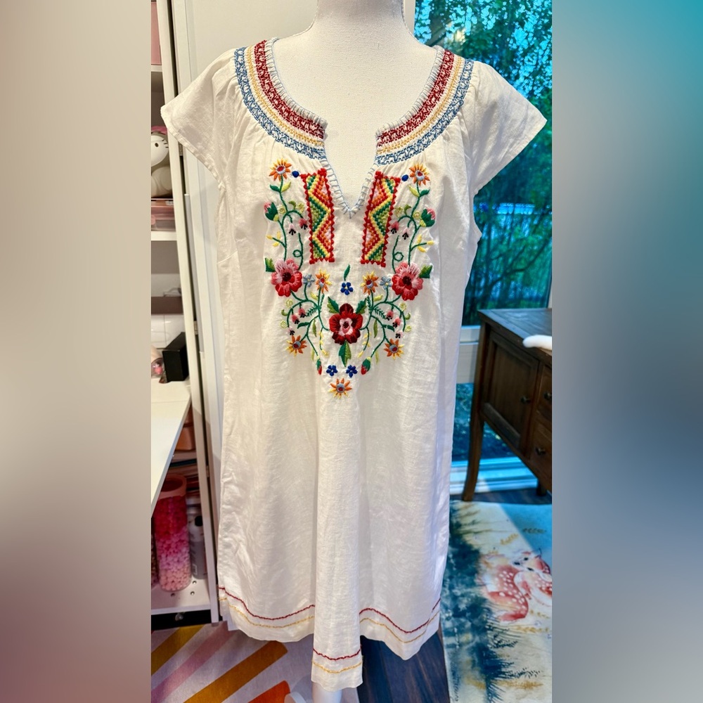 Lucky Brand NWT Embroidered Linen Dress White Boho Floral Medium